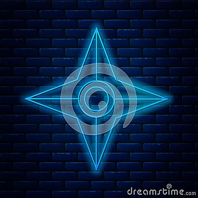 Glowing neon line Japanese ninja shuriken icon isolated on brick wall background. Vector Vector Illustration