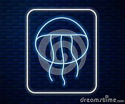 Glowing neon line Jellyfish icon isolated on brick wall background. Vector Vector Illustration