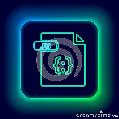 Glowing neon line JS file document. Download js button icon isolated on black background. JS file symbol. Colorful Vector Illustration
