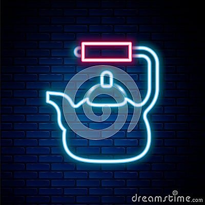 Glowing neon line Kettle with handle icon isolated on brick wall background. Teapot icon. Colorful outline concept Stock Photo