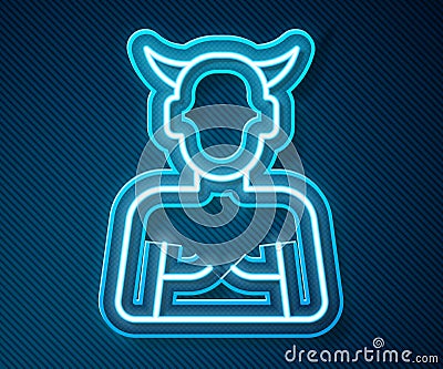 Glowing neon line Krampus, heck icon isolated on blue background. Horned devil. Traditional Christmas devil. Happy Vector Illustration