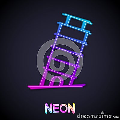 Glowing neon line Leaning tower in Pisa icon isolated on black background. Italy symbol. Vector Stock Photo