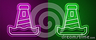 Glowing neon line Lighthouse icon isolated on purple and green background. Vector Vector Illustration