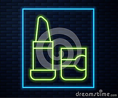 Glowing neon line Lipstick icon isolated on brick wall background. Vector Vector Illustration