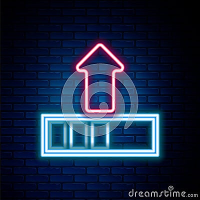 Glowing neon line Loading icon isolated on brick wall background. Upload in progress. Progress bar icon. Colorful Vector Illustration