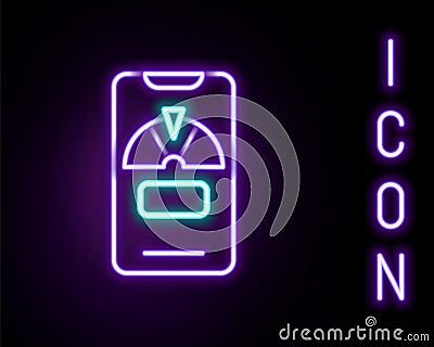 Glowing neon line Lucky wheel on phone icon isolated on black background. Colorful outline concept. Vector Stock Photo