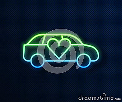 Glowing neon line Luxury limousine car icon isolated on blue background. For world premiere celebrities and guests Vector Illustration