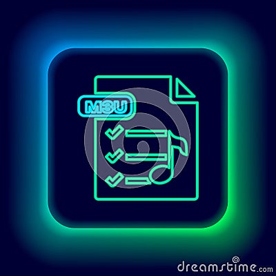 Glowing neon line M3U file document. Download m3u button icon isolated on black background. M3U file symbol. Colorful Vector Illustration