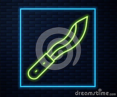 Glowing neon line Machete or big knife icon isolated on brick wall background. Vector Stock Photo