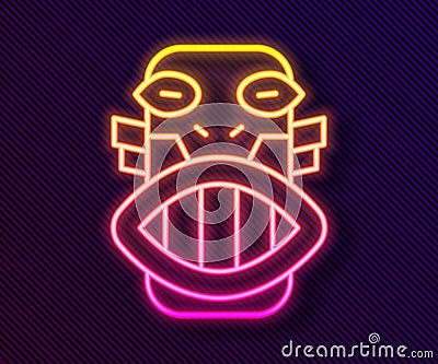 Glowing neon line Mexican mayan or aztec mask icon isolated on black background. Vector Stock Photo