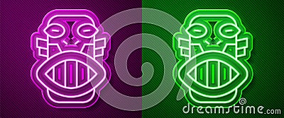 Glowing neon line Mexican mayan or aztec mask icon isolated on purple and green background. Vector Stock Photo