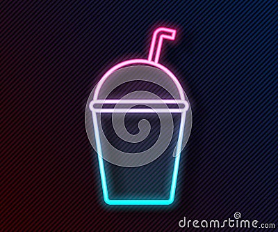 Glowing neon line Milkshake icon isolated on black background. Plastic cup with lid and straw. Vector. Illustration Vector Illustration