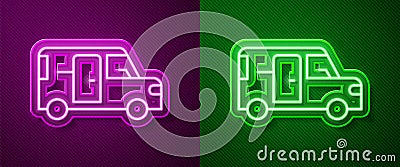 Glowing neon line Minibus icon isolated on purple and green background. Vector Vector Illustration