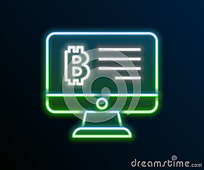 Glowing neon line Mining bitcoin from monitor icon isolated on black background. Cryptocurrency mining, blockchain Vector Illustration