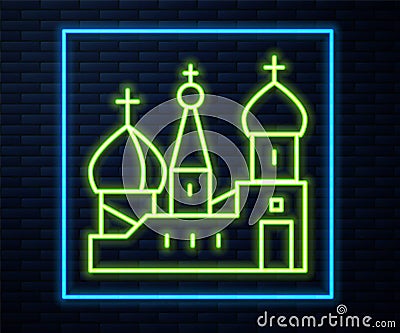 Glowing neon line Moscow symbol - Saint Basil`s Cathedral, Russia icon isolated on brick wall background. Vector Vector Illustration