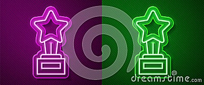 Glowing neon line Movie trophy icon isolated on purple and green background. Academy award icon. Films and cinema symbol Vector Illustration