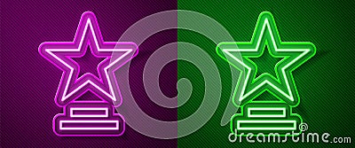 Glowing neon line Movie trophy icon isolated on purple and green background. Academy award icon. Films and cinema symbol Vector Illustration