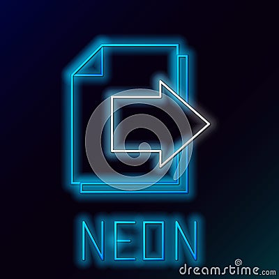 Glowing neon line Next page arrow icon isolated on black background. Document file with arrow. Send document. Colorful Vector Illustration