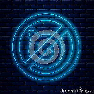 Glowing neon line No pig icon isolated on brick wall background. Stop pork. Animal symbol. Vector Vector Illustration