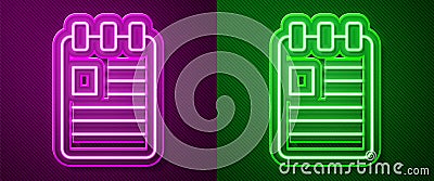 Glowing neon line Notebook icon isolated on purple and green background. Spiral notepad icon. School notebook. Writing Vector Illustration