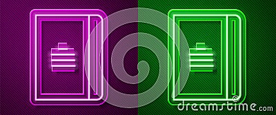 Glowing neon line Notebook icon isolated on purple and green background. Spiral notepad icon. School notebook. Writing Vector Illustration