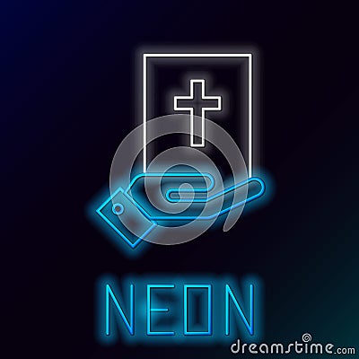 Glowing neon line Oath on the Holy Bible icon isolated on black background. The procedure in court. Truth and truth Vector Illustration