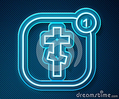 Glowing neon line Online church pastor preaching video streaming icon isolated on blue background. Online church of Vector Illustration