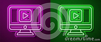 Glowing neon line Online play video icon isolated on purple and green background. Computer monitor and film strip with Vector Illustration