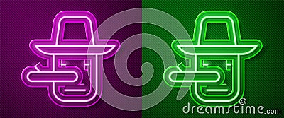 Glowing neon line Pinocchio icon isolated on purple and green background. Vector Vector Illustration