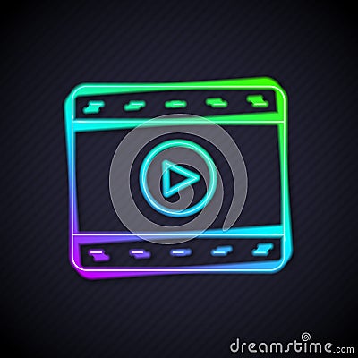 Glowing neon line Play Video icon isolated on black background. Film strip sign. Vector Vector Illustration