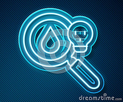 Glowing neon line Poisonous research magnifying glass icon isolated on blue background. Vector Vector Illustration