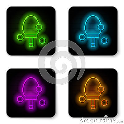 Glowing neon line Racket for playing table tennis icon isolated on white background. Black square button. Vector Vector Illustration