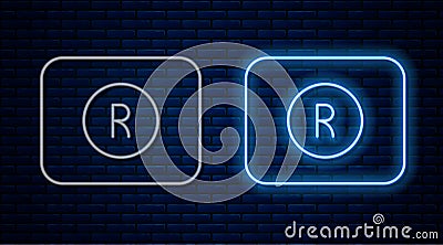 Glowing neon line Record button icon isolated on brick wall background. Rec button. Vector Vector Illustration