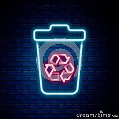 Glowing neon line Recycle bin with recycle symbol icon isolated on brick wall background. Trash can icon. Garbage bin Stock Photo