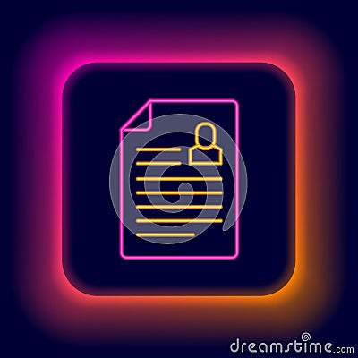 Glowing neon line Resume icon isolated on black background. CV application. Searching professional staff. Analyzing Vector Illustration