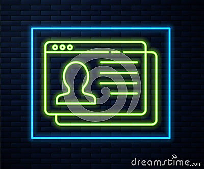 Glowing neon line Resume icon isolated on brick wall background. CV application. Searching professional staff. Analyzing Vector Illustration