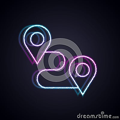 Glowing neon line Route location icon isolated on black background. Map pointer sign. Concept of path or road. GPS Stock Photo