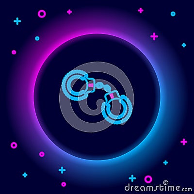 Glowing neon line Sexy fluffy handcuffs icon isolated on black background. Handcuffs with fur. Fetish accessory. Sex Vector Illustration