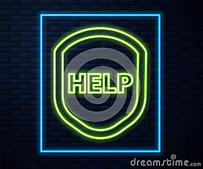 Glowing neon line Shield with text Help icon isolated on brick wall background. Guard sign. Security, safety, protection Vector Illustration