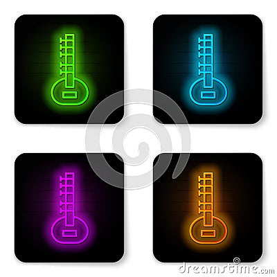 Glowing neon line Sitar classical music instrument icon isolated on white background. Black square button. Vector Vector Illustration