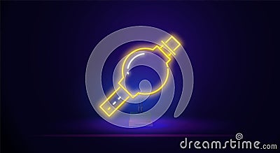 The glowing neon line of the sitar is an icon of a classical musical instrument isolated on a dark background. Vector Vector Illustration
