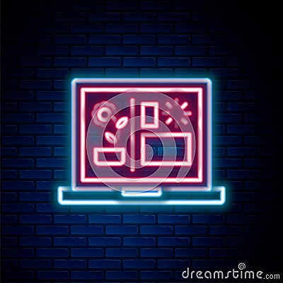 Glowing neon line Smart farming technology - farm automation system icon isolated on brick wall background. Colorful Vector Illustration