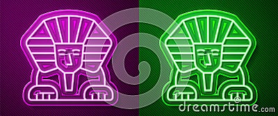 Glowing neon line Sphinx - mythical creature of ancient Egypt icon isolated on purple and green background. Vector Vector Illustration