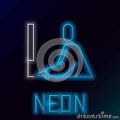 Glowing neon line Student working at laptop icon isolated on black background. Workplace concept. Colorful outline concept. Vector Stock Photo