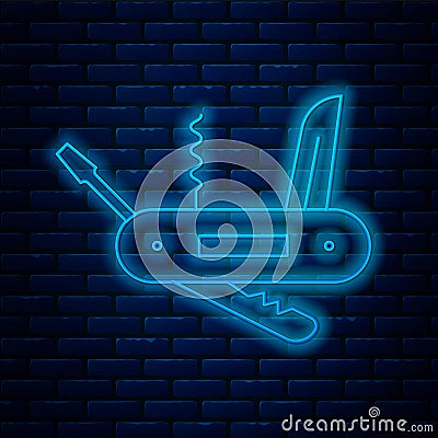 Glowing neon line Swiss army knife icon isolated on brick wall background. Multi-tool, multipurpose penknife Vector Illustration