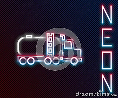 Glowing neon line Tanker truck icon isolated on black background. Petroleum tanker, petrol truck, cistern, oil trailer Vector Illustration