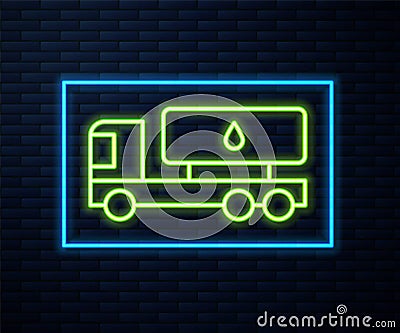 Glowing neon line Tanker truck icon isolated on brick wall background. Petroleum tanker, petrol truck, cistern, oil Vector Illustration