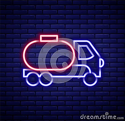 Glowing neon line Tanker truck icon isolated on brick wall background. Petroleum tanker, petrol truck, cistern, oil Vector Illustration