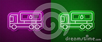 Glowing neon line Tanker truck icon isolated on purple and green background. Petroleum tanker, petrol truck, cistern Vector Illustration