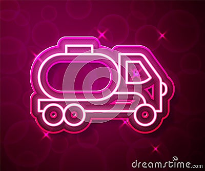 Glowing neon line Tanker truck icon isolated on red background. Petroleum tanker, petrol truck, cistern, oil trailer Vector Illustration